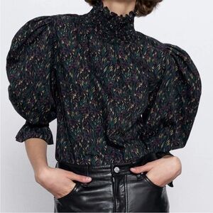Zara Multicolor Floral Puff Sleeve Blouse